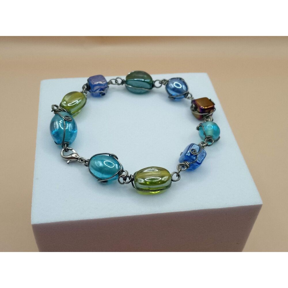 Vintage Round & Square Artisan Glass Beads Wire Wrapped Bracelet